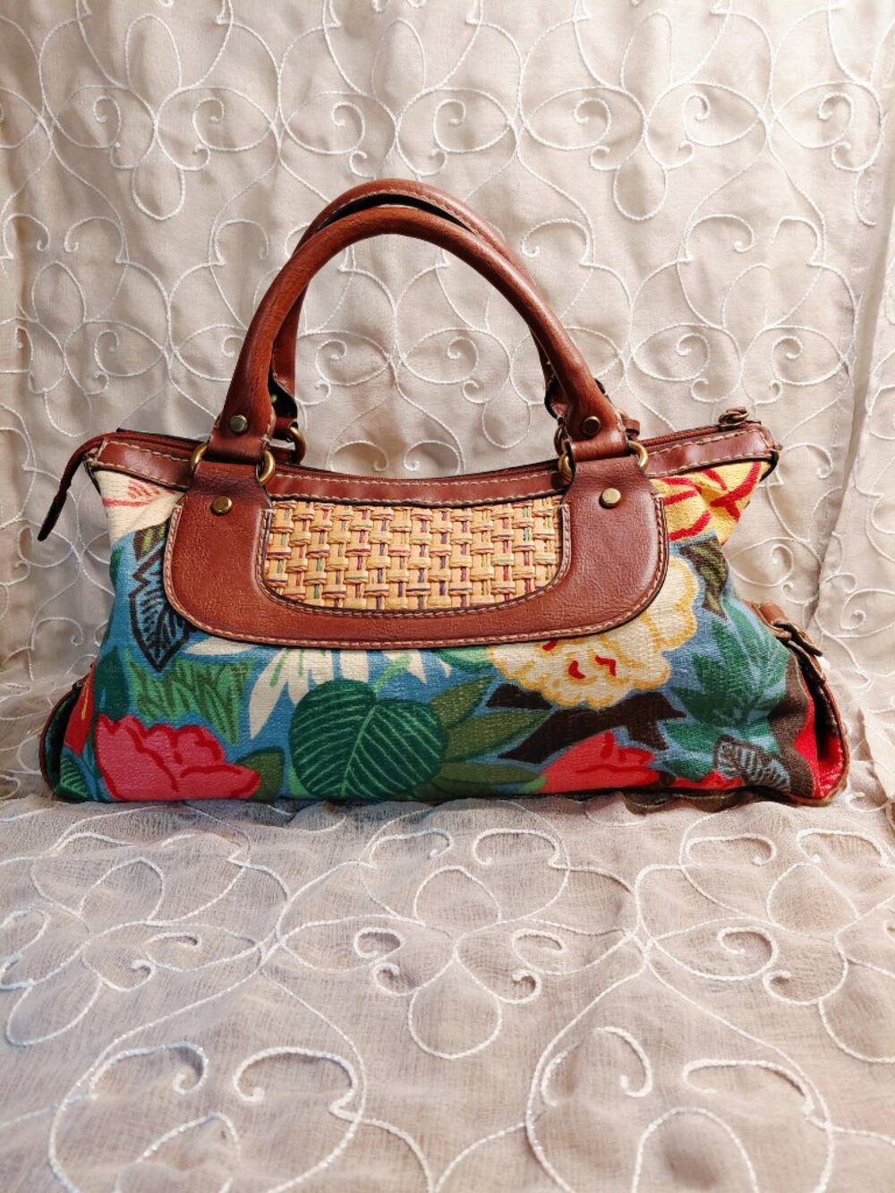 Fossil Vintage Floral Tapestry Leather Satchel Handbag - Picture 3 of 11